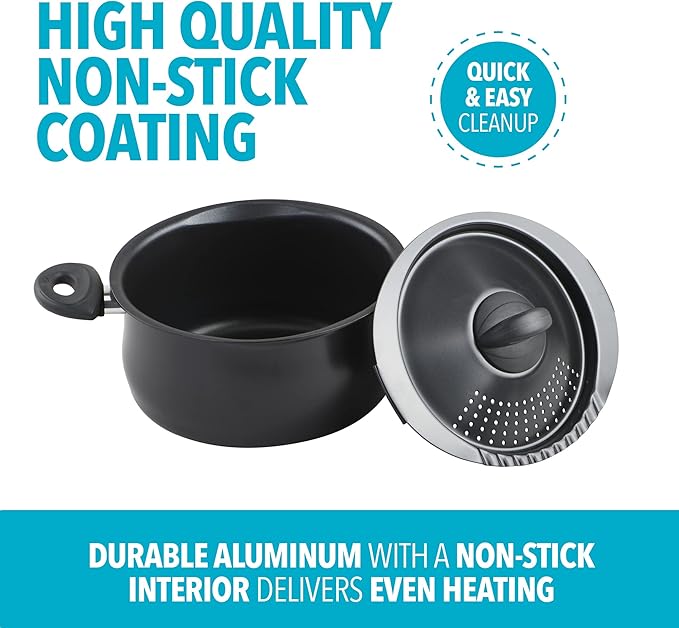 Bialetti 5.5 Quart Pasta Pot with Strainer Lid, Charcoal – Elongated Oval Pot for Longer Spaghetti, Lasagna, Penne & Farfalle Noodles, Heat Resistant Handles & Nonstick Interior, Large Pot for Cooking