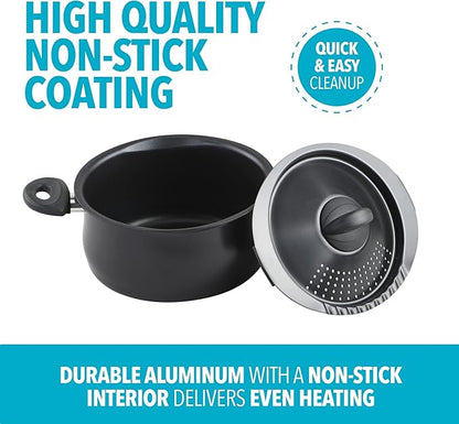 Bialetti 5.5 Quart Pasta Pot with Strainer Lid, Charcoal – Elongated Oval Pot for Longer Spaghetti, Lasagna, Penne & Farfalle Noodles, Heat Resistant Handles & Nonstick Interior, Large Pot for Cooking