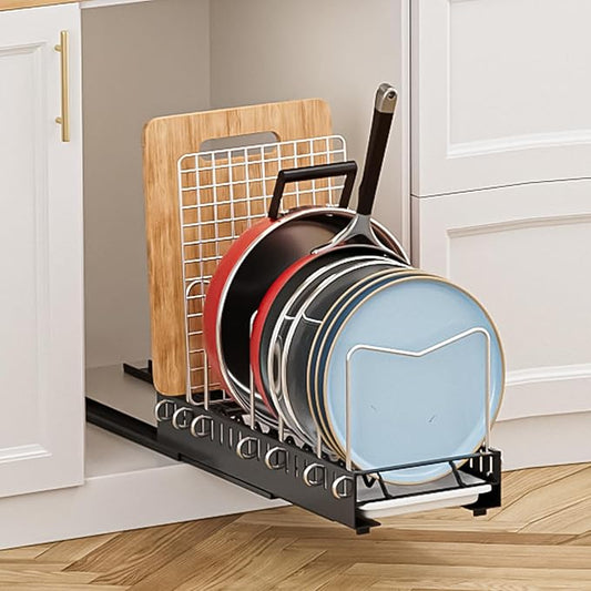 Pots and Pans Organizer Under Cabinet, Pot Lid Pan Organizer Inside Cabinet, Pull Out Cabinet Organizer with Drain Pan, Pot Organizer Rack for Under Cabinet Featuring 7 Adjustable Dividers