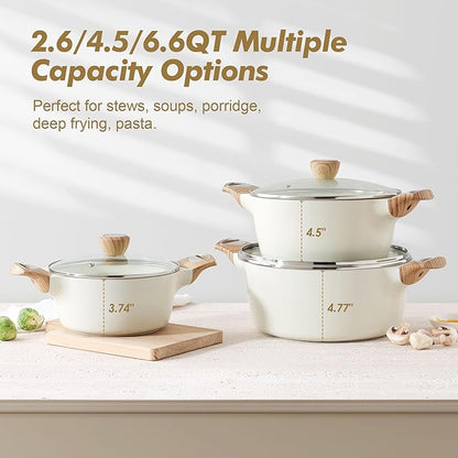 SENSARTE Ceramic Nonstick Stock Pot with Lid, 2.6/4.5/6.6 QT Soup Pot Casserole Pot, Non-toxic Healthy Pasta Pot, Large Cooking Pot Stew Pot, Induction Compatible, PFOA PFAS PTFE Free, White