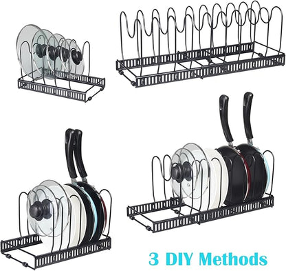 Expandable Pots and Pans Organizer Rack, Pot Lid Kitchen Cabinet Organizer Holder with 10 Adjustable Compartment, Cookware Rack for Kitchen Cabinet Storage, Black