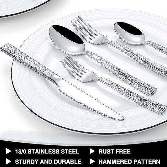 Hammered Silverware Set, 40-Piece Stainless Steel Square Flatware Set for 8, Food-Grade Tableware Cutlery Set, Utensil Sets for Home Restaurant, Mirror Finish, Dishwasher Safe