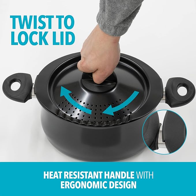 Bialetti 5.5 Quart Pasta Pot with Strainer Lid, Charcoal – Elongated Oval Pot for Longer Spaghetti, Lasagna, Penne & Farfalle Noodles, Heat Resistant Handles & Nonstick Interior, Large Pot for Cooking