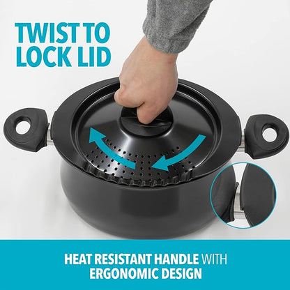 Bialetti 5.5 Quart Pasta Pot with Strainer Lid, Charcoal – Elongated Oval Pot for Longer Spaghetti, Lasagna, Penne & Farfalle Noodles, Heat Resistant Handles & Nonstick Interior, Large Pot for Cooking