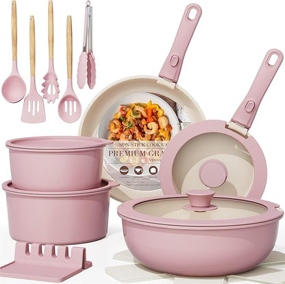 Astercook 21 Pcs Pots and Pans Set Non Stick, Ceramic Cookware Set Detachable Handle, RV Kitchen Cooking Set Removable Handles, Oven Safe, Induction Ready, Stackable Non-stick Set, Pink