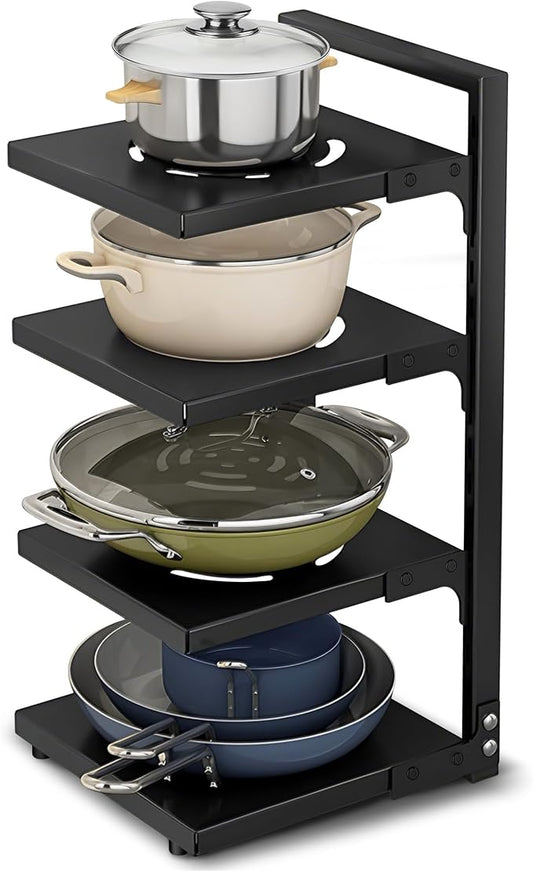 Caliee Pot Organizers Inside Cabinet, Heavy Duty Pot Pan Rack Organizer with 4-Tiers, Pan Storage Organizer for Under Cabinet Applicable to Kitchen Storage (Black)