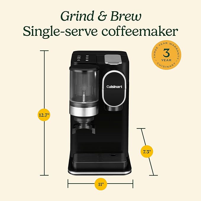 Cuisinart Single Serve Coffee Maker + Coffee Grinder, 48-Ounce Removable Reservoir, Black, DGB-2