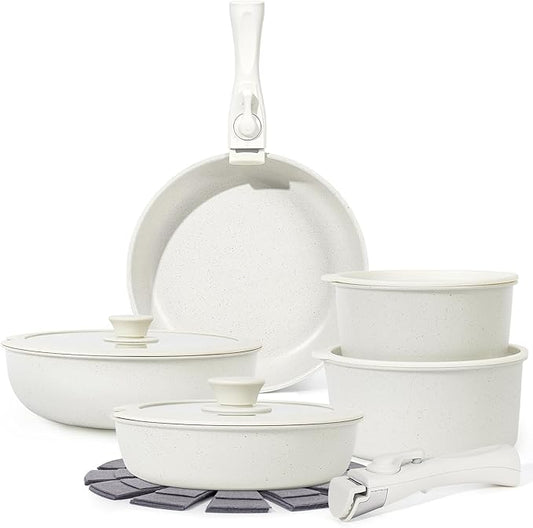 15Pcs Pots and Pans Set Non Stick, Cookware Sets with Detachable Handle, Nonstick RV Kitchen Cooking Tools Removable Handles, Oven Safe, Induction Fast, Stackable Induction Cookware, White