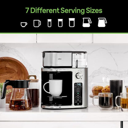 Braun MultiServe Plus 10-Cup Drip Coffee Maker - Hot & Cold Multi-Serve Brewer with Timer and Auto Start, Hot Water Dispenser, Over Ice Function, Stainless Steel & Pod-Free Design, KF9370SI