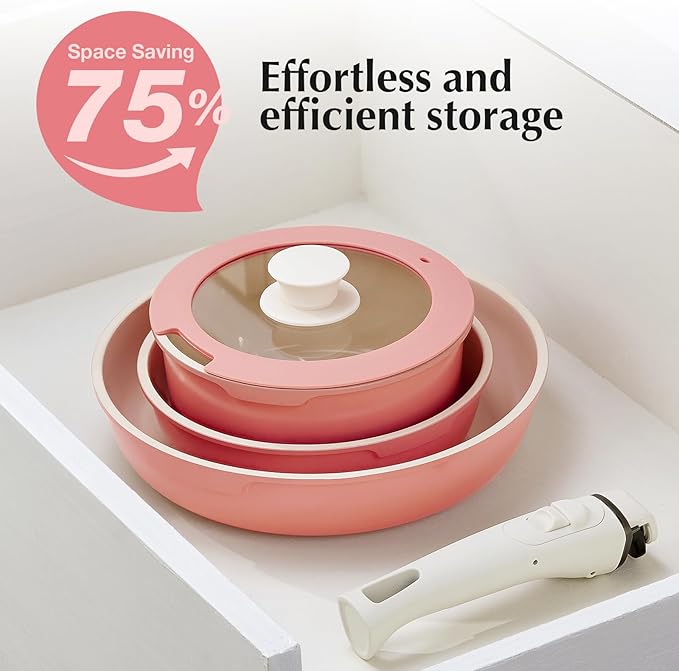 IKTU Ceramic Pots and Pans Set Non Stick Pink, 5Pcs Nonstick Cookware Set with Detachable Handle RV Camping Induction Kitchen Cookware Set Non Stick, PFAS PFOA & PTFE Free