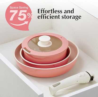 IKTU Ceramic Pots and Pans Set Non Stick Pink, 5Pcs Nonstick Cookware Set with Detachable Handle RV Camping Induction Kitchen Cookware Set Non Stick, PFAS PFOA & PTFE Free