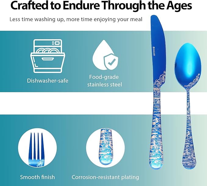 Blue Wave Cutlery Set 20 Pieces Stainless Steel Flatware Set Service for 4 Utensils For Home Kitchen Wedding Laser Engraved Dishwasher Safe All Blue
