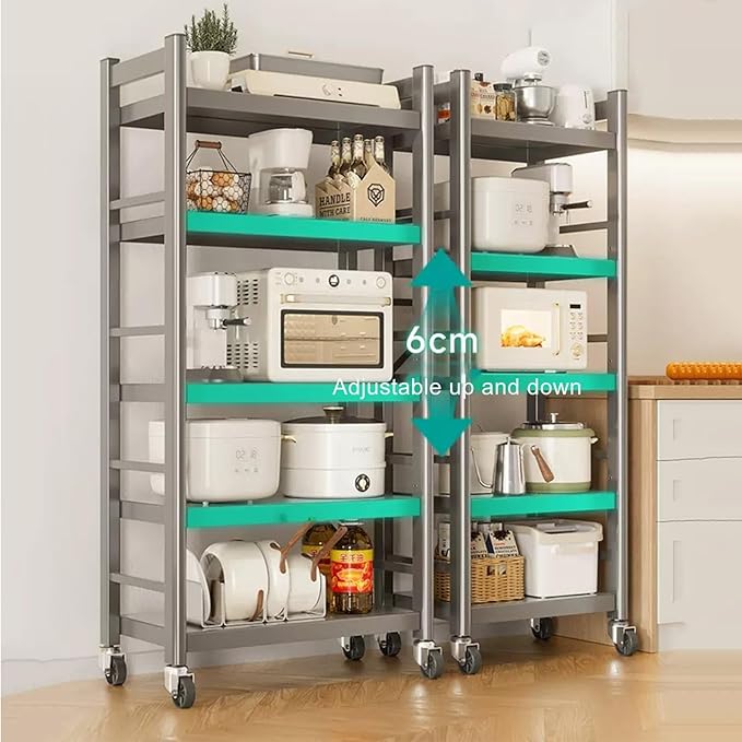 Microwave Stand with Adjustable Shelving, Freestanding Metal Storage Rack for Kitchen, Rolling Caster Bakers Rack for Dishes, Spices, Pots, and Pans - Space-Saving Solution