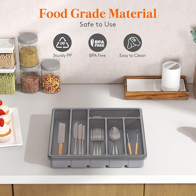 Lifewit Silverware Organizer with Lid, Covered Utensil Tray for Kitchen Drawer and Countertop, Plastic Cutlery and Flatware Storage Box for Spoons Forks Knives Holder Case, 6 Compartments, Gray