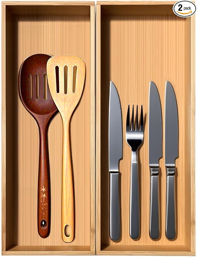 Bamboo Drawer Silverware Organizer, Silverware Tray, Flatware Organizer, Bamboo Storage Box Suitable for Office, Bathroom and other objects storage (14.2"x5"x2"-Set of 2)