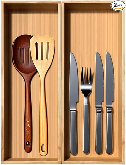 Bamboo Drawer Silverware Organizer, Silverware Tray, Flatware Organizer, Bamboo Storage Box Suitable for Office, Bathroom and other objects storage (14.2"x5"x2"-Set of 2)