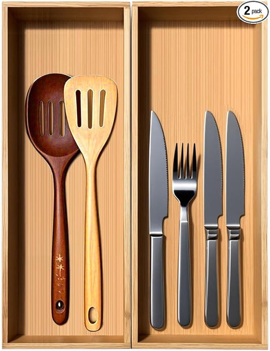 Bamboo Drawer Silverware Organizer, Silverware Tray, Flatware Organizer, Bamboo Storage Box Suitable for Office, Bathroom and other objects storage (14.2"x5"x2"-Set of 2)