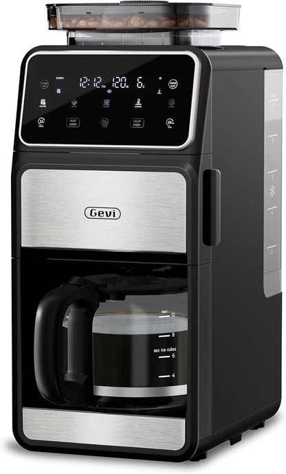 Gevi 10 Cup Drip Coffee Maker with Built-in Grinder, Grind ＆ Brew Burr Combo Coffee Machine with Programmable, Touch Screen, 4-Hour Warm Plate, Permanent Filter