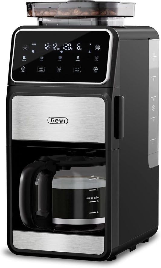 Gevi 10 Cup Drip Coffee Maker with Built-in Grinder, Grind ＆ Brew Burr Combo Coffee Machine with Programmable, Touch Screen, 4-Hour Warm Plate, Permanent Filter
