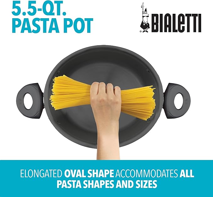 Bialetti 5.5 Quart Pasta Pot with Strainer Lid, Charcoal – Elongated Oval Pot for Longer Spaghetti, Lasagna, Penne & Farfalle Noodles, Heat Resistant Handles & Nonstick Interior, Large Pot for Cooking