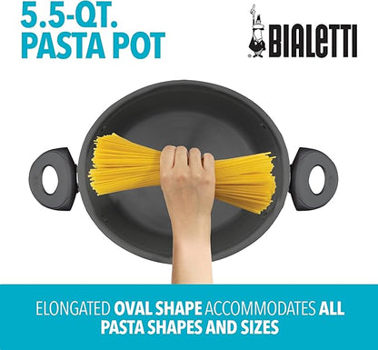 Bialetti 5.5 Quart Pasta Pot with Strainer Lid, Charcoal – Elongated Oval Pot for Longer Spaghetti, Lasagna, Penne & Farfalle Noodles, Heat Resistant Handles & Nonstick Interior, Large Pot for Cooking