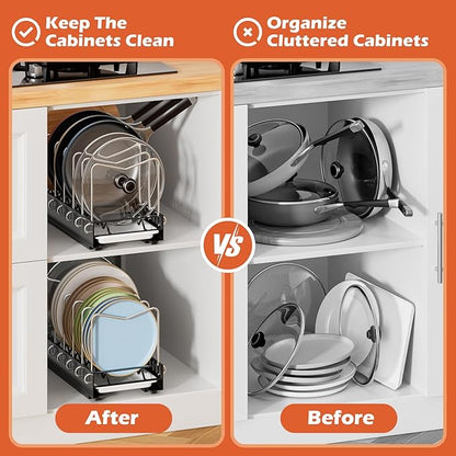 Pots and Pans Organizer Under Cabinet, Pot Lid Pan Organizer Inside Cabinet, Pull Out Cabinet Organizer with Drain Pan, Pot Organizer Rack for Under Cabinet Featuring 7 Adjustable Dividers
