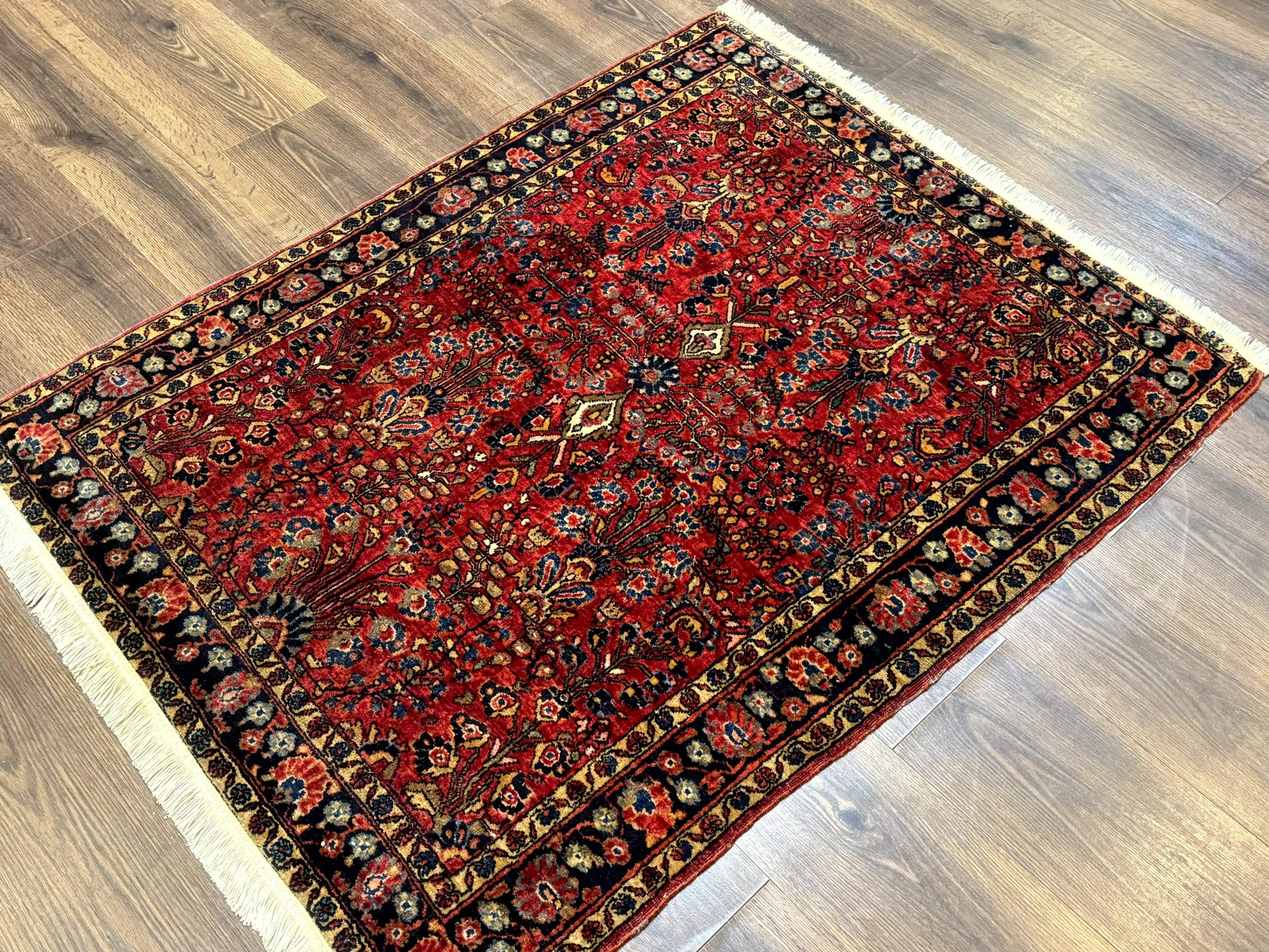 Antique Persian Sarouk Rug 3x4, Red, Floral, 1920s Wool Rug-1