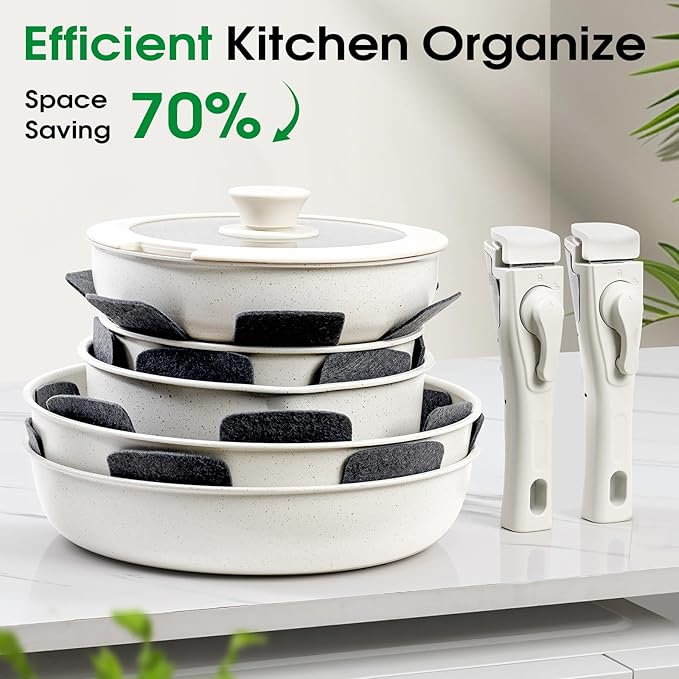15Pcs Pots and Pans Set Non Stick, Cookware Sets with Detachable Handle, Nonstick RV Kitchen Cooking Tools Removable Handles, Oven Safe, Induction Fast, Stackable Induction Cookware, White