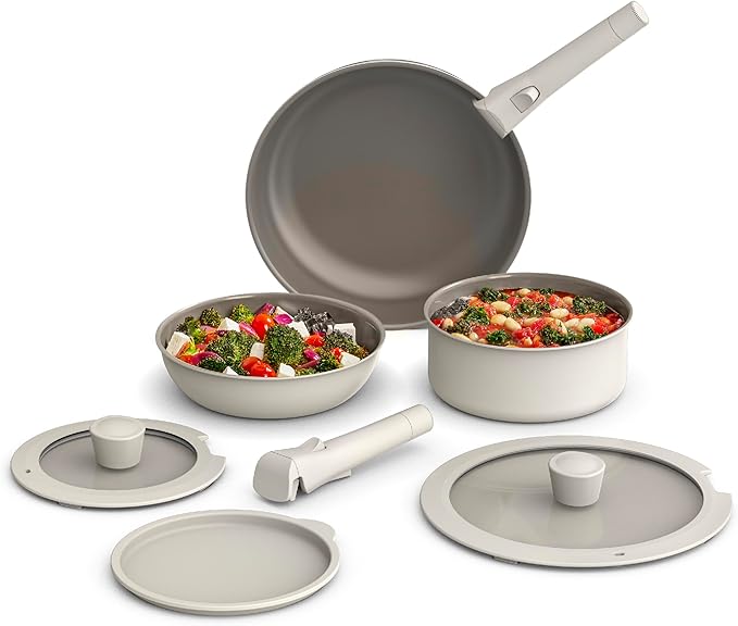 Bella 8 Piece Cookware Set, Fits-anywhere™ Kitchenware w EverGood™ Ceramic Nonstick Coating, Removable Handles, Dishwasher & Oven Safe, All Stovetops Compatible, Glass Lids w Silicone Rims, Oatmilk
