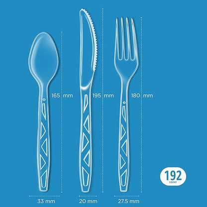 Basics Disposable Clear Assorted Cutlery Set, Premium Quality, 192 Count, Large Combo Pack Forks, Spoon and Knives