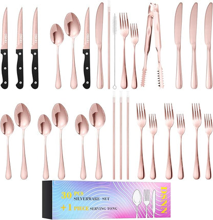 30 Pieces Rose Gold Silverware Sets Plus Serving Tong,Stainless Steel Flatware Set with Metal Straw for 4, DSNN Home Kitchen Utensil Cutlery Set,Include Forks Spoons and Knives Set