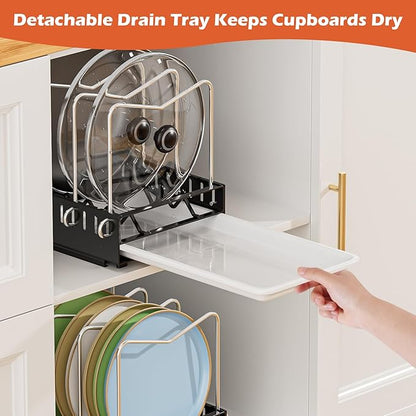 Pots and Pans Organizer Under Cabinet, Pot Lid Pan Organizer Inside Cabinet, Pull Out Cabinet Organizer with Drain Pan, Pot Organizer Rack for Under Cabinet Featuring 7 Adjustable Dividers