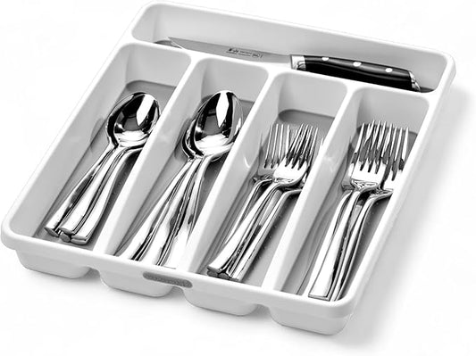 Madesmart Classic Small Silverware Tray - White | CLASSIC COLLECTION | 5-Compartments  | Icons help sort Flatware, Utensils and Cutlery | Soft-grip Lining and Non-slip Feet | BPA-Fre e