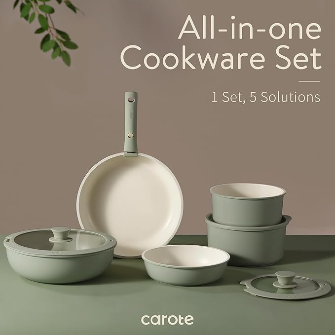 CAROTE Pots and Pans Set, Nonstick Cookware Set Detachable Handle, 15pcs Induction Kitchen Cookware Sets Non Stick with Removable Handle, RV Cookware Set, Oven Safe, Sage Green