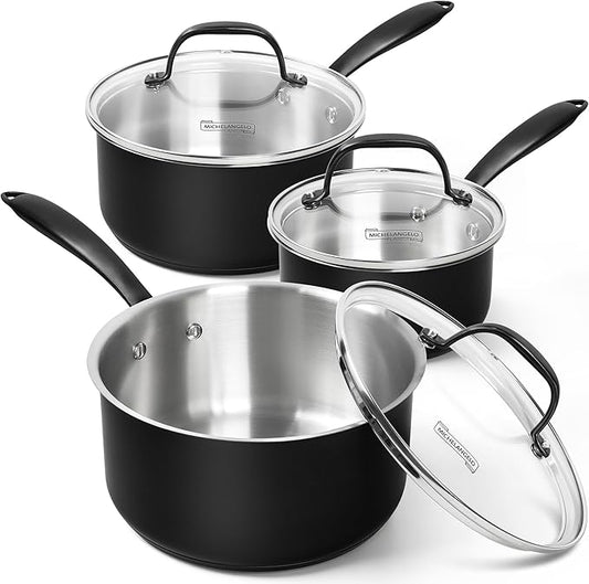 MICHELANGELO Stainless Steel Saucepan Set, Triply-Base Sauce Pan with Lids, Stainless Steel Sauce Pot for All Stoves, Induction Compatible, Oven Safe - 1QT & 2QT & 3QT