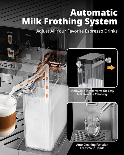 AIRMSEN 20 Bar Espresso Machine with Automatic Milk Frother for Home, Cappuccino & Latte Coffee Maker with Quick Brew Dual Boiler (1350W + 1000W), Stainless Steel, 60oz Water Tank, Touchscreen