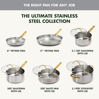 GreenPan Stainless Steel Tri-Ply Reserve 10 Piece Cookware Pots and Pans Set, Multiclad, PFAS-Free, Induction, Oven & Broiler Safe to 600°F, Heat Responsive Core, Dishwasher Safe, Glass Lids