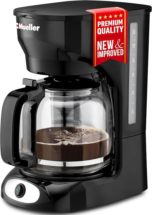 Mueller 12-Cup Drip Coffee Maker - Borosilicate Carafe, Auto-Off, Reusable Filter, Anti-Drip, Keep-Warm Function, Clear Water Level Window Coffee Machine, Kitchen Essentials & Accessories