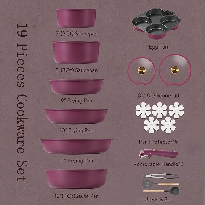CAROTE 19pcs Pots and Pans Set, Nonstick Cookware Set Detachable Handle, Induction Kitchen Cookware Sets Non Stick with Removable Handle, RV Cookware Set, Gold and Purple
