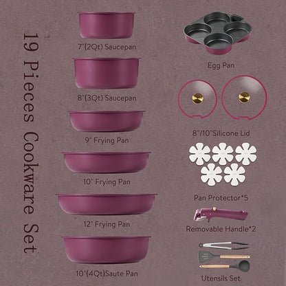 CAROTE 19pcs Pots and Pans Set, Nonstick Cookware Set Detachable Handle, Induction Kitchen Cookware Sets Non Stick with Removable Handle, RV Cookware Set, Gold and Purple