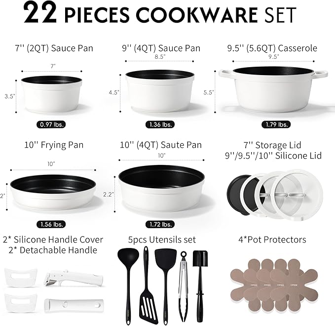 CAROTE 22pcs Pots and Pans Set Non Stick, Detachable Handle Cookware Set White, RV Cooking Set, Dishwasher/Oven/Fridge Safe, Pot and Pan Set, Induction Cookware