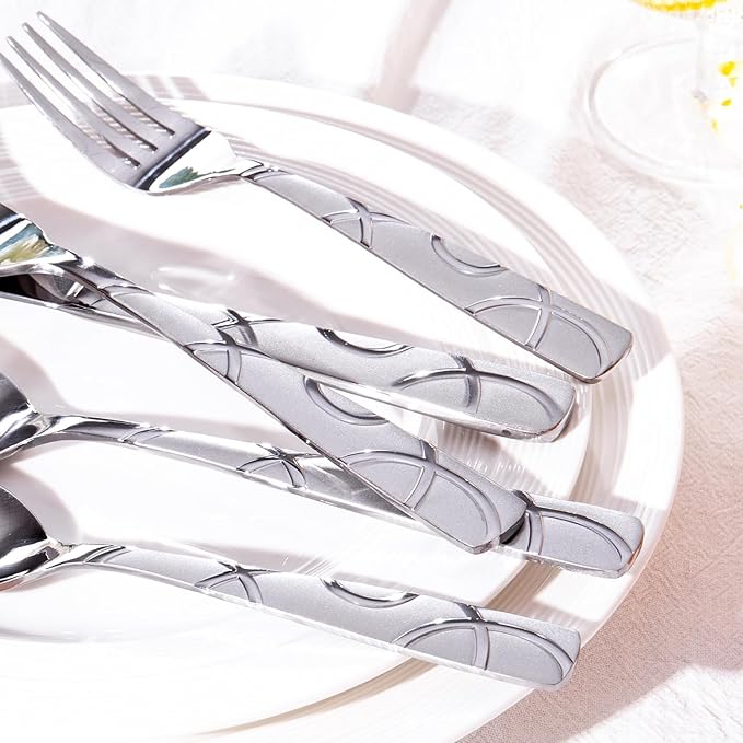 HIKAA 40PCS Stainless Steel Silverware Set, Modern Flatware Set for Kitchen, Mirror Polished Cutlery Set with Forks, Spoons and Knives，Dishwasher Safe