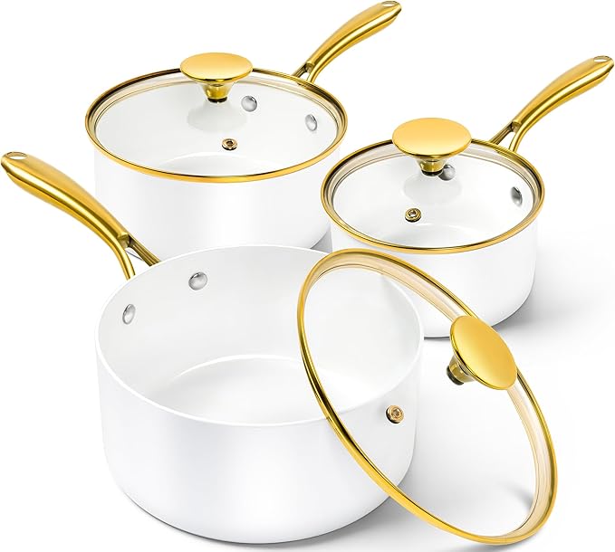 MICHELANGELO Sauce Pan with Lid, Nonstick Ceramic Saucepan Set-1Qt & 2Qt & 3Qt, Small Pots with Ergonomic Handle, Sauce Pans Sets Oven Safe, White