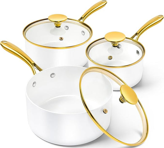 MICHELANGELO Sauce Pan with Lid, Nonstick Ceramic Saucepan Set-1Qt & 2Qt & 3Qt, Small Pots with Ergonomic Handle, Sauce Pans Sets Oven Safe, White