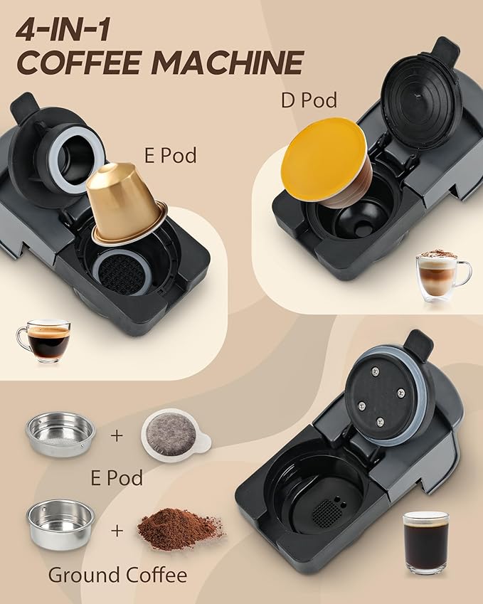 Multi-Capsule Espresso Machine, Brews Coffee or Hot Water, 20Bar Pressure, Compatible with Nespresso, Dolce Gusto, ESE Pods & Ground Coffee, Smart & Compact Design for Any Space,CM-C05A
