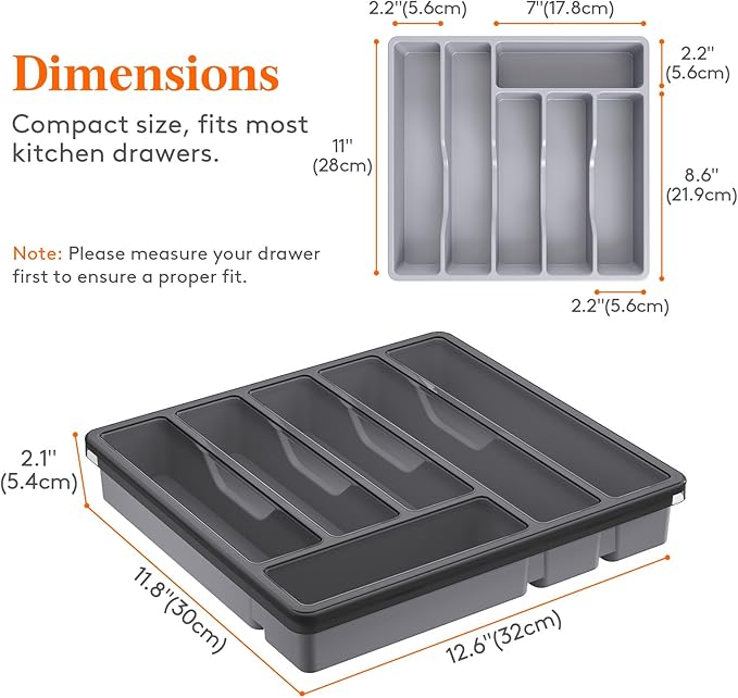 Lifewit Silverware Organizer with Lid, Covered Utensil Tray for Kitchen Drawer and Countertop, Plastic Cutlery and Flatware Storage Box for Spoons Forks Knives Holder Case, 6 Compartments, Gray