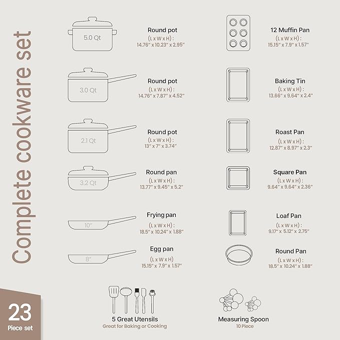 Pots and Pans Set, 23-Piece Non Stick Cookware & Bakeware Sets with Plaid Pattern, Stackable Design, Dishwasher Safe, Stain-resistant, Oven & All-Stove Safe, Tempered Glass Lid, Golden