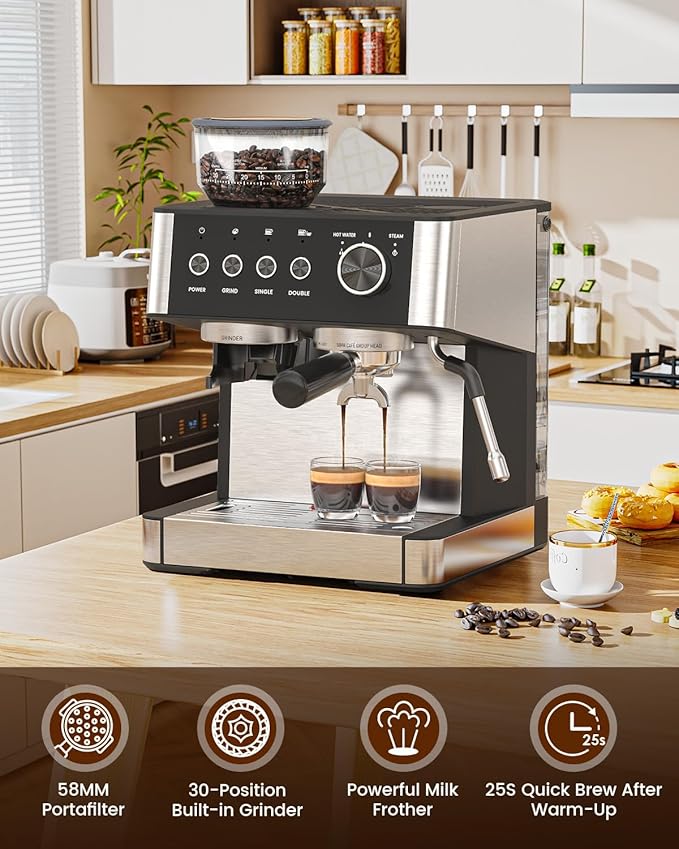 Espresso Machine with Grinder, 20 Bar Expresso Coffee Machines with Milk Frother Steam Wand, Professional Espresso Maker with Removable Water Tank, Cappuccino & Latte Machine for Home