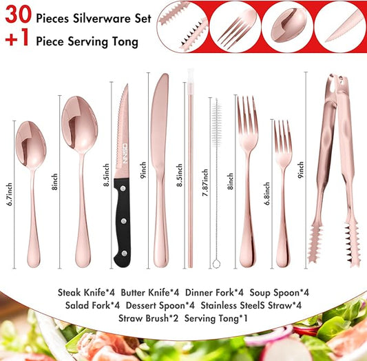 30 Pieces Rose Gold Silverware Sets Plus Serving Tong,Stainless Steel Flatware Set with Metal Straw for 4, DSNN Home Kitchen Utensil Cutlery Set,Include Forks Spoons and Knives Set