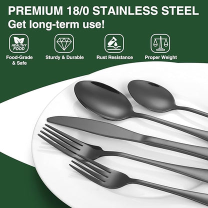 60-Piece Black Silverware Set with Organizer, AIVIKI Stainless Steel Flatware for 12, Cutlery Utensil Set for Home Restaurant, Tableware Includes Knife Fork Spoon Set, Mirror Polished